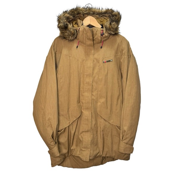 Helly Hansen Tan Faux Fur-trim Hooded Parka Jacket Size XL Flawed - Picture 1 of 16